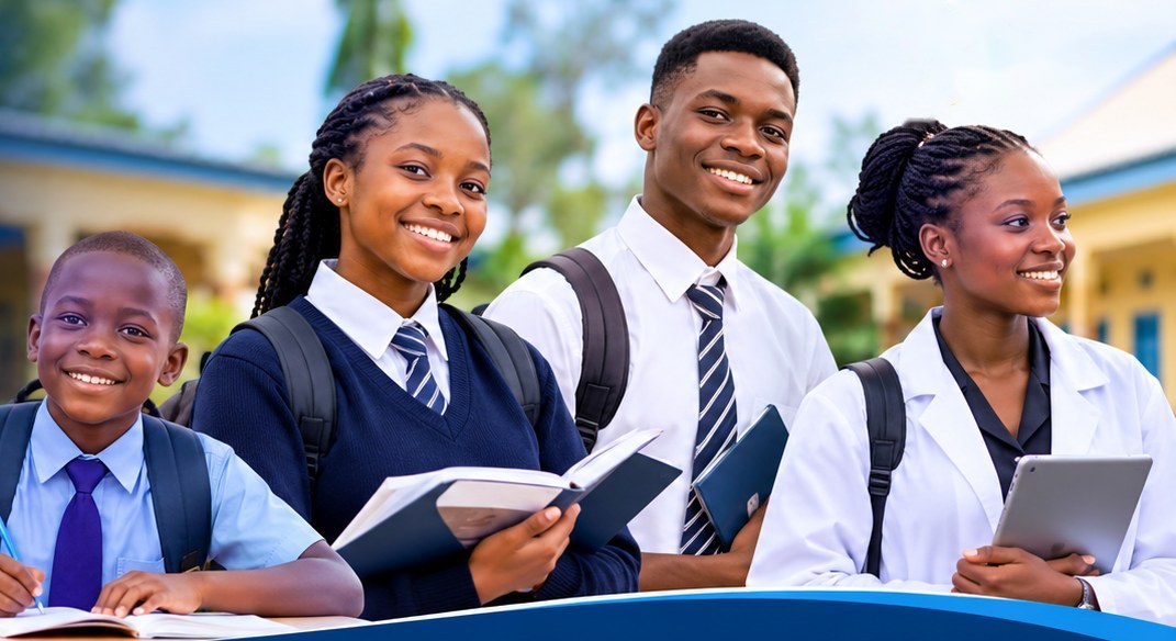 Smiling pupils and students in their school uniforms